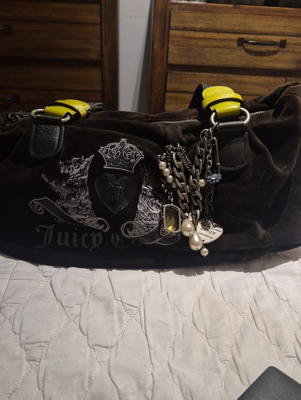 Juicy Couture Black Velour Shoulder Bag with Yellow Handles